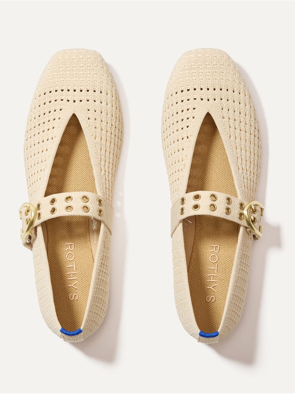 Rothy's Cream Woven Mary Jane Flat with Gold Buckle